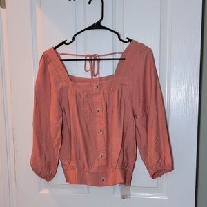 Hem & Thread Dusty Coral Button-Front Square Neck Blouse